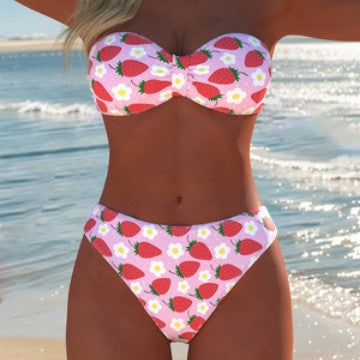 Damen Bandeau-Bikini mit hochgeschnittenen Pants und buntem Bedruck Drune
