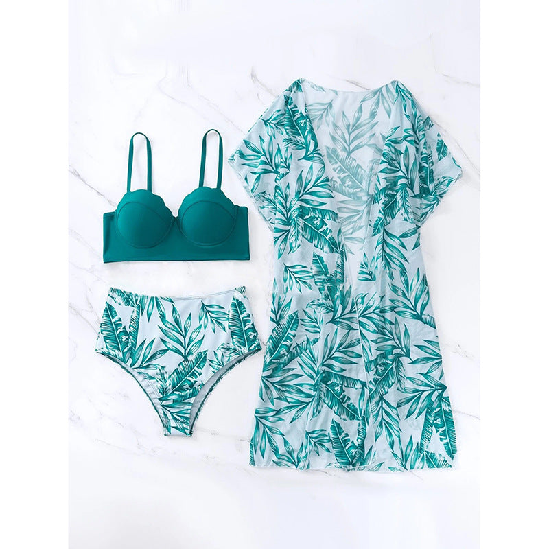 Damen Hochgeschnittener Bikini mit elegantem Scalloped-Oberteil und floralem Cover-Up Drune