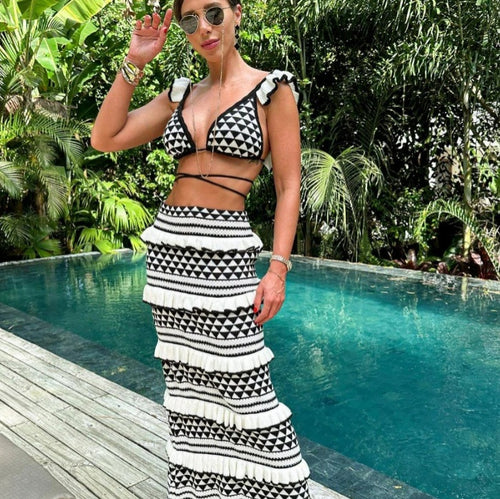 Damen Bikiniset mit raffinierten Fransen und geometrischen Mustern Drune