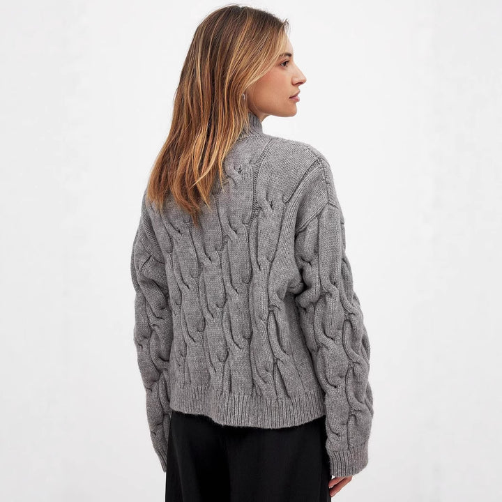 Damen kuscheliger Grobstrickpullover mit hohem Kragen und Zopfdesign Drune