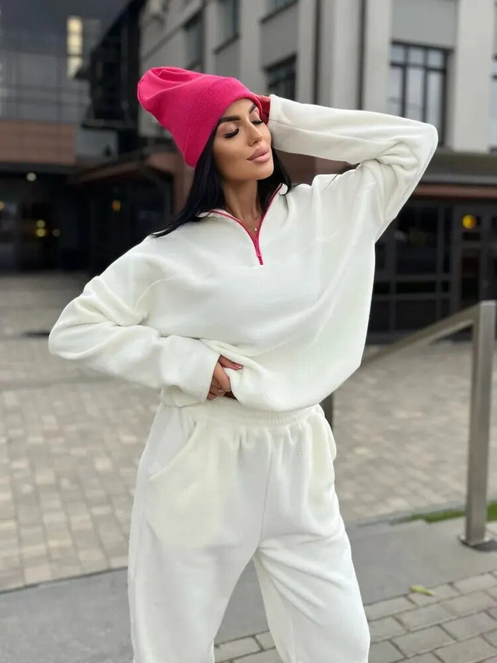 Damen Kuscheliges Fleece-Loungewear-Set mit Halb-Reißverschluss und elastischem Bund Drune