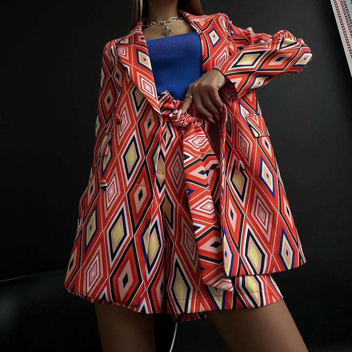 Damen Blazer und Shorts Set mit geometrischem Muster und taillierbarem Gürtel Drune