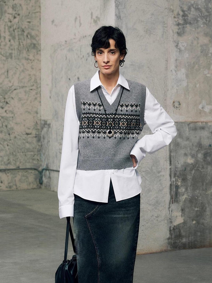 Damen modischer Strickpullover mit V-Ausschnitt und geometrischem Muster Drune