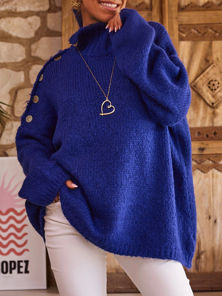 Damen Grobstrickpullover mit hohem Kragen und modischen Knopfdetails Drune