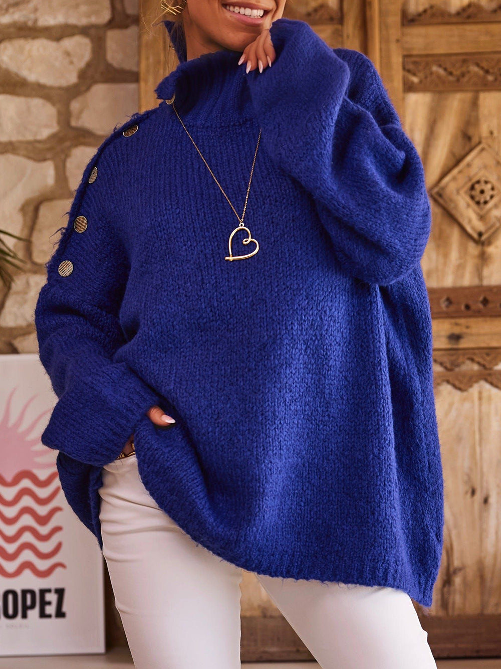Damen Oversized Strickpullover mit hohen Kragen und dekorativen Knöpfen Drune
