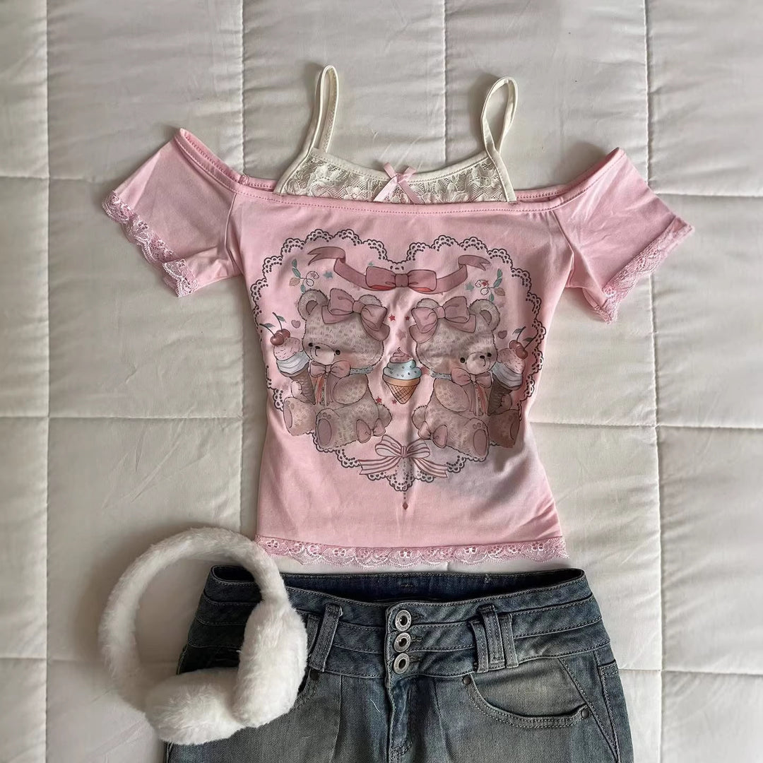 Damen Verspieltes T-Shirt mit Spitzenapplikationen und süßem Bärenmotiv Drune