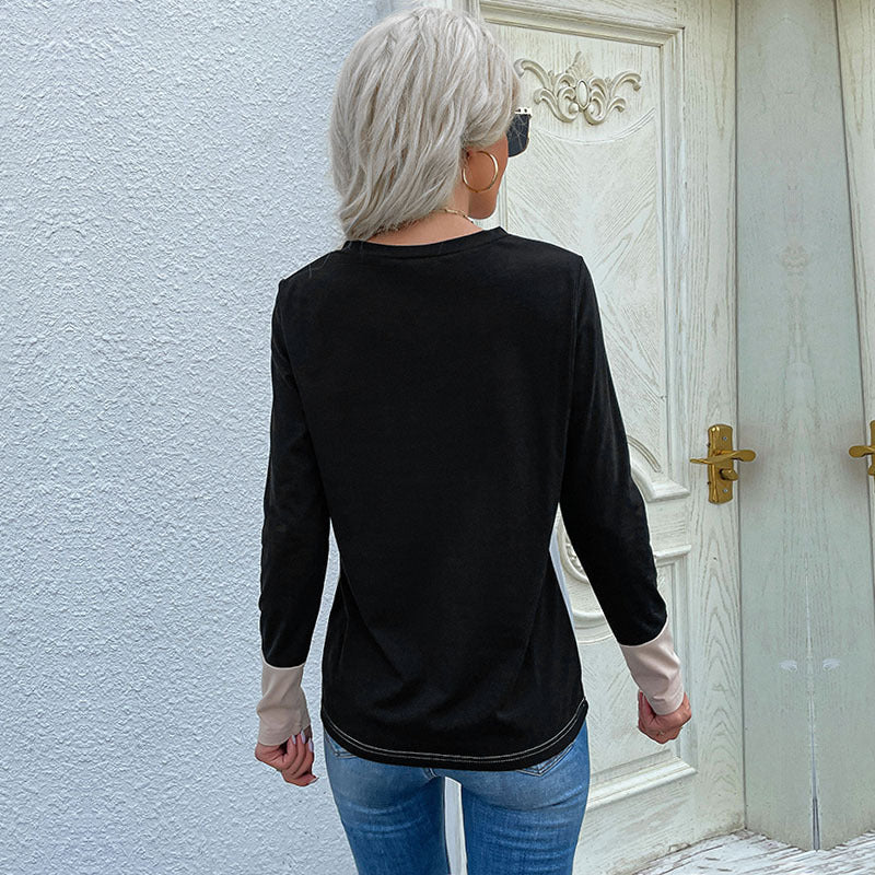 Damen Langarm T-Shirt mit modischem Colorblock-Muster und dekorativer Brusttasche Drune