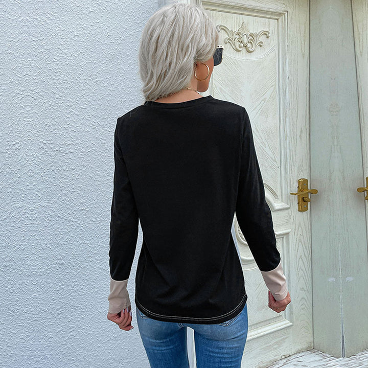 Damen Langarm T-Shirt mit modischem Colorblock-Muster und dekorativer Brusttasche Drune