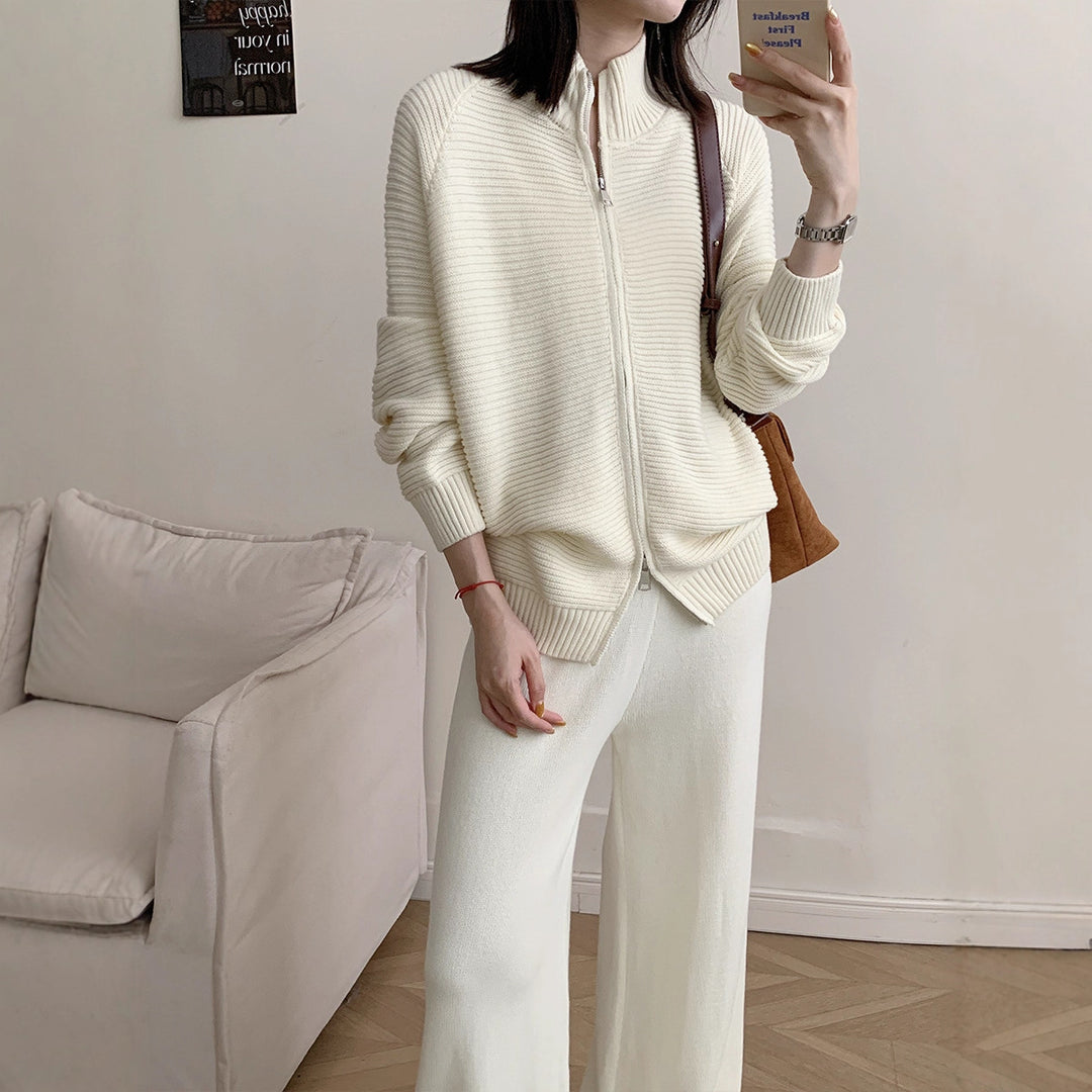 Damen Strickjacke mit hohem Kragen und durchgehendem Reißverschluss Drune