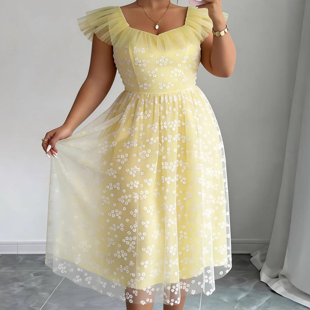 Damen festliches Blütenkleid mit voluminösen Tüllärmeln Drune