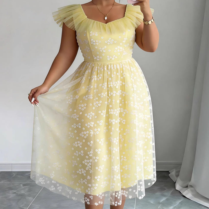 Damen festliches Blütenkleid mit voluminösen Tüllärmeln Drune