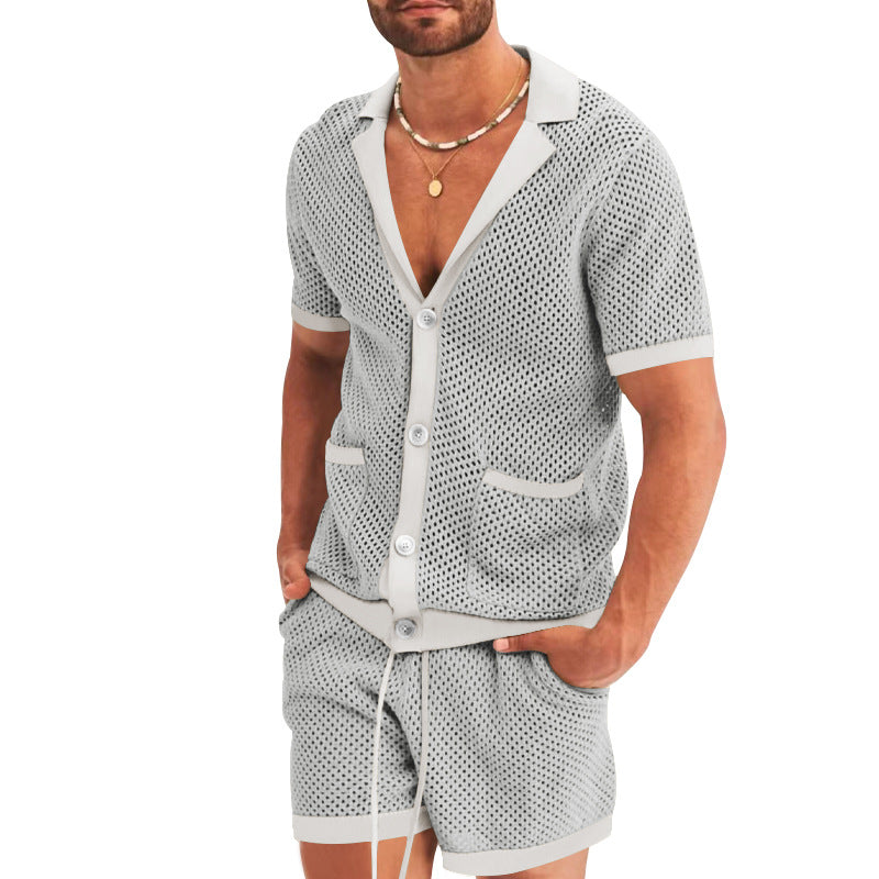 Herren nan offener Netzstrick-Cardigan mit passenden Kordelzug-Shorts Drune