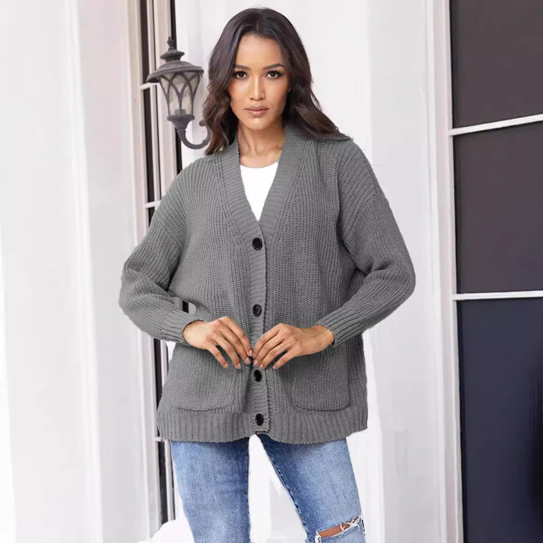 Damen Grobstrickjacke mit großen Taschen und modernem Knopfdesign Drune
