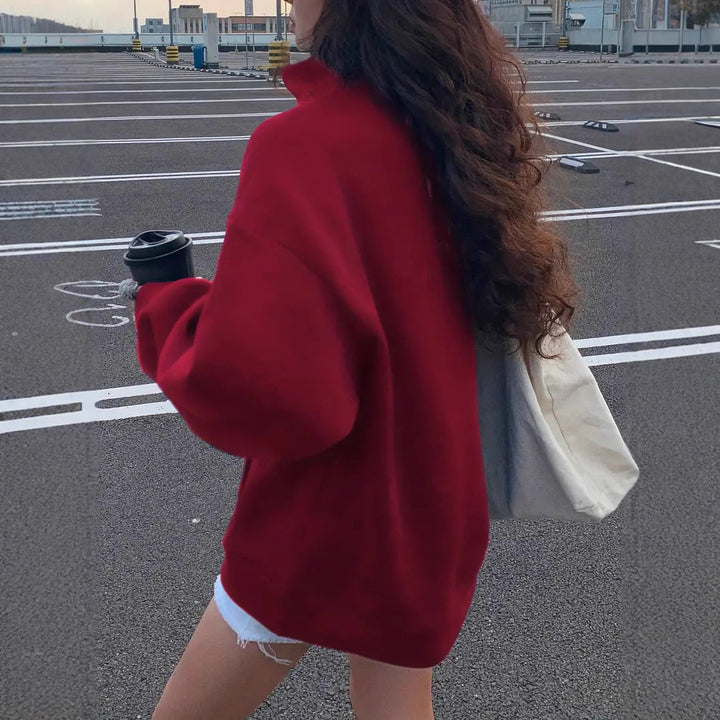 Damen nan oversized Halbzip-Sweatshirt mit hohem Stehkragen, Kängurutasche und lässigem Oversize-Schnitt Drune