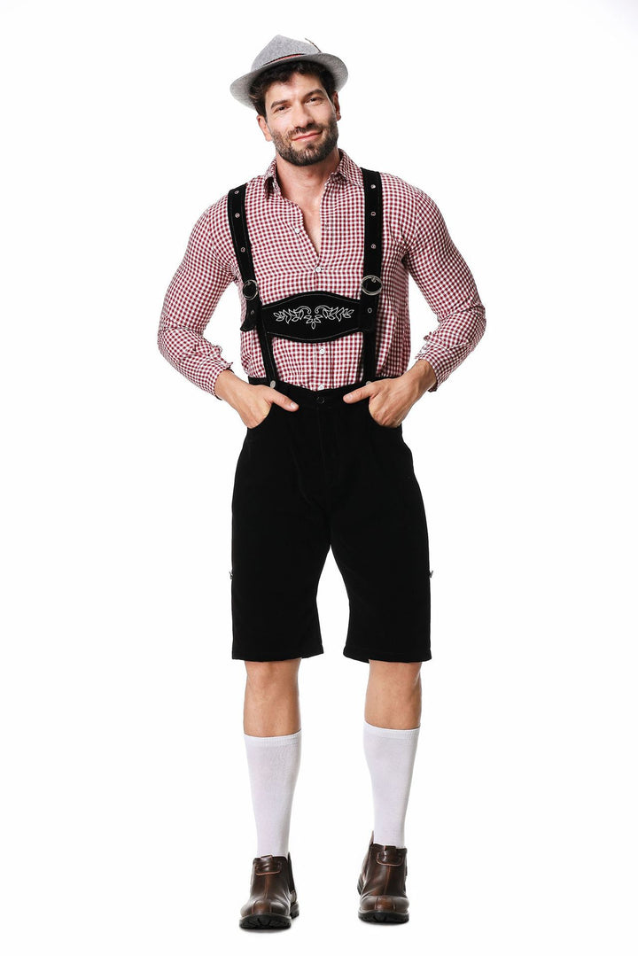 Herren nan authentische Trachten-Kniebundhose aus wildlederähnlichem Material mit verstellbaren Trägern und besticktem Brustlatz Drune