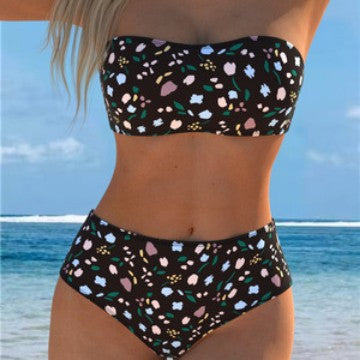 Damen Bandeau-Bikini mit floralem Muster und hohem Taillenschnitt Drune
