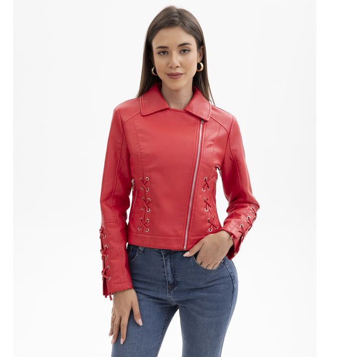 Damen modische Kunstlederjacke mit raffinierten Schnürdetails Drune