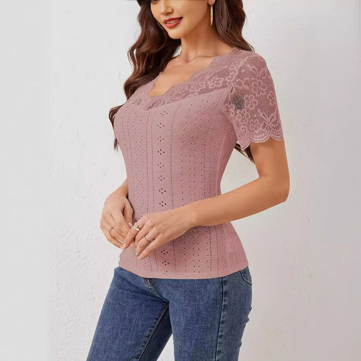 Drune | V-Ausschnitt Spitzenverarbeitung Slim Fit Kurzarm T-Shirt