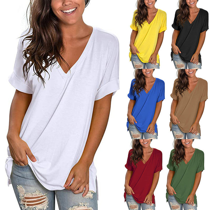 Damen V-Ausschnitt T-Shirt mit lässigem Schnitt und umgeschlagenen Ärmeln Drune