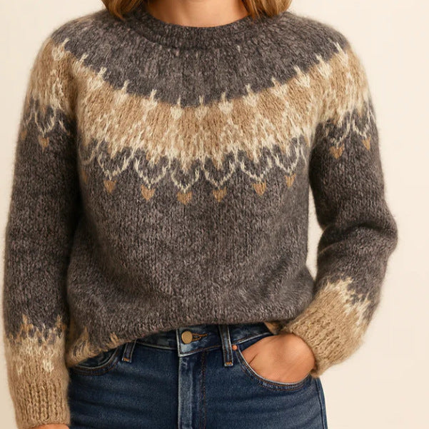 Damen nan kuscheliger Norweger-Strickpullover mit Stehkragen und Oversize-Passform Drune
