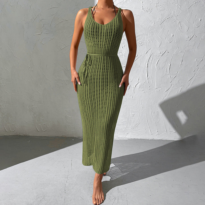 Damen Häkel-Maxikleid mit tiefem Schlitz und eleganten Details Drune