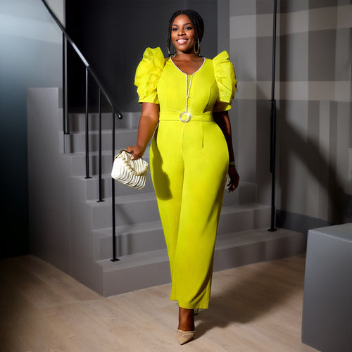Damen eleganter Jumpsuit mit voluminösen Puffärmeln und Perlenakzent Drune