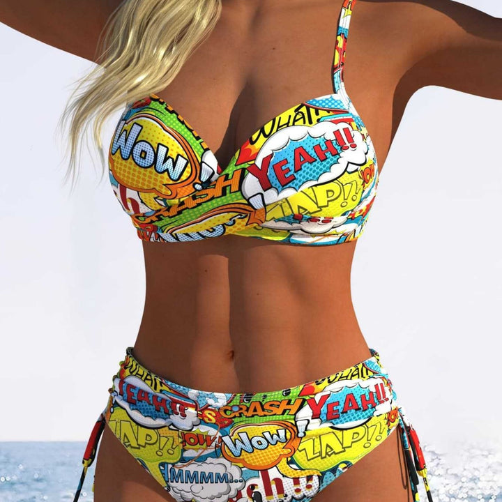 Damen Bikini-Set mit verspieltem Comic-Print und verstellbaren Seitenschnüren Drune