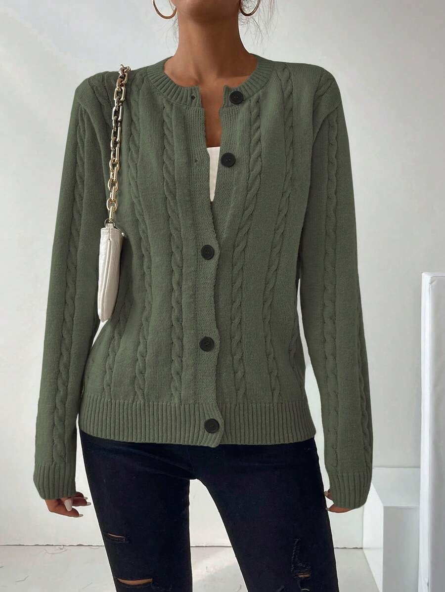 Damen Modische Strickjacke mit Zopfmuster und Knopfdetails Drune
