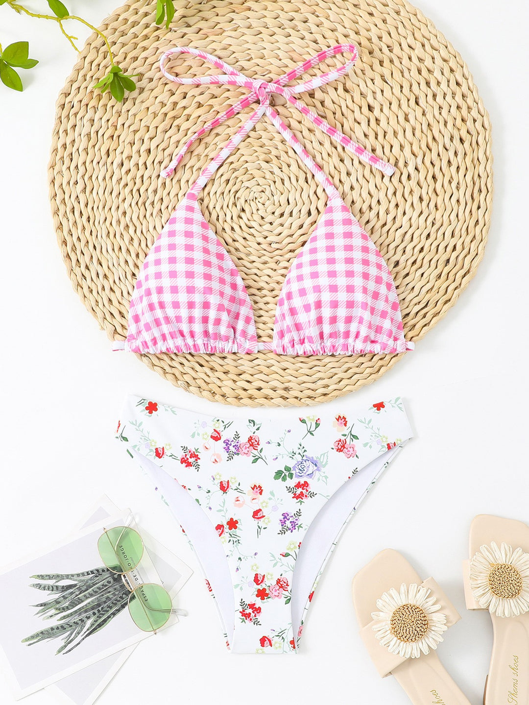 Damen Bikiniset mit floralem Muster und Gingham-Design Drune