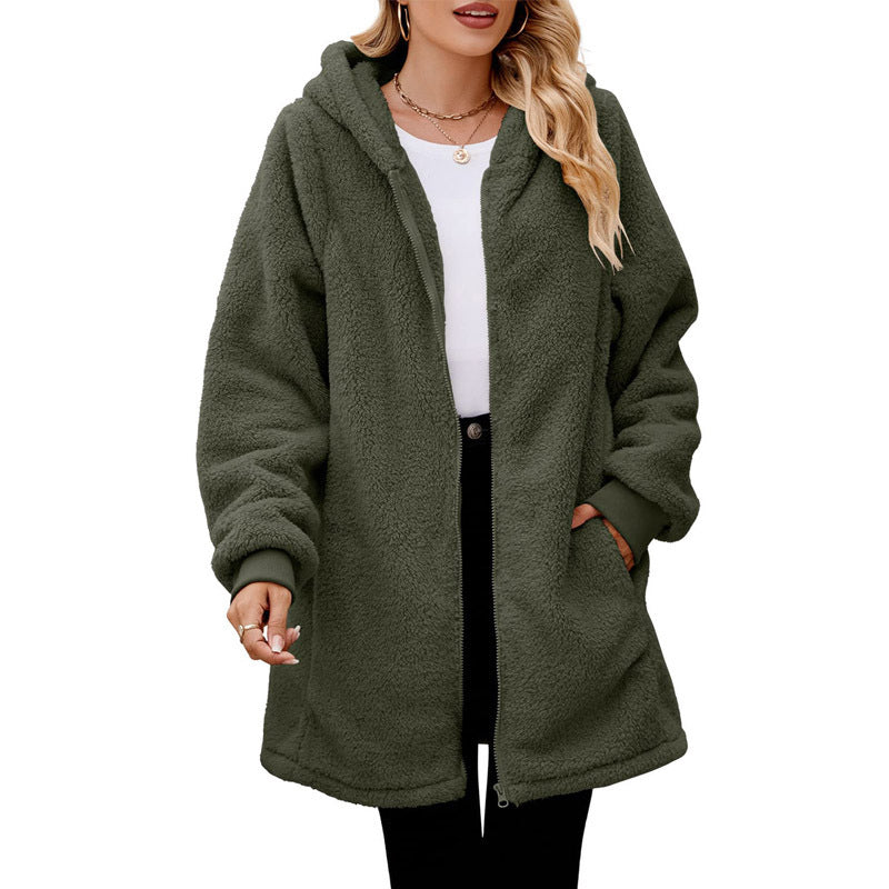Damen kuschelige Fleecejacke mit Kapuze und seitlichen Eingrifftaschen Drune