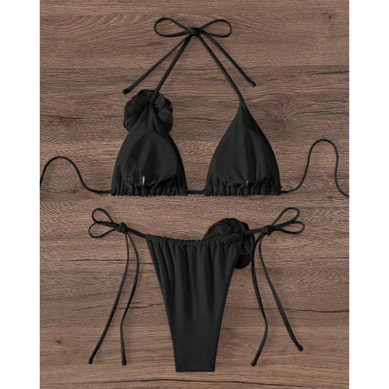Damen Triangel-Bikini mit geflochtenem Rüschendesign und Blütendetail Drune