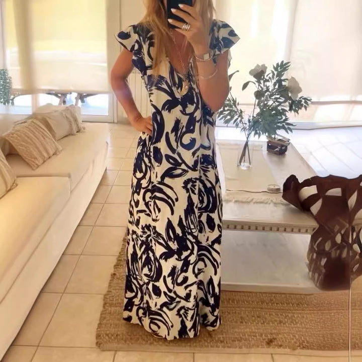 Damen Maxikleid mit voluminösen Ärmeln und elegantem V-Ausschnitt Drune