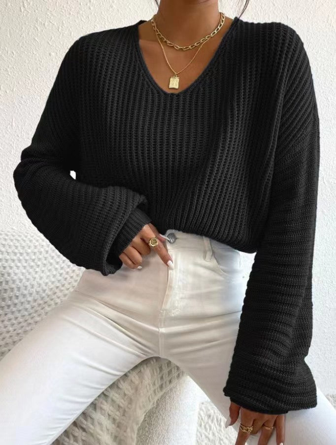 Damen V-Pullover mit weiten Ärmeln und strukturiertem Strickmuster Drune