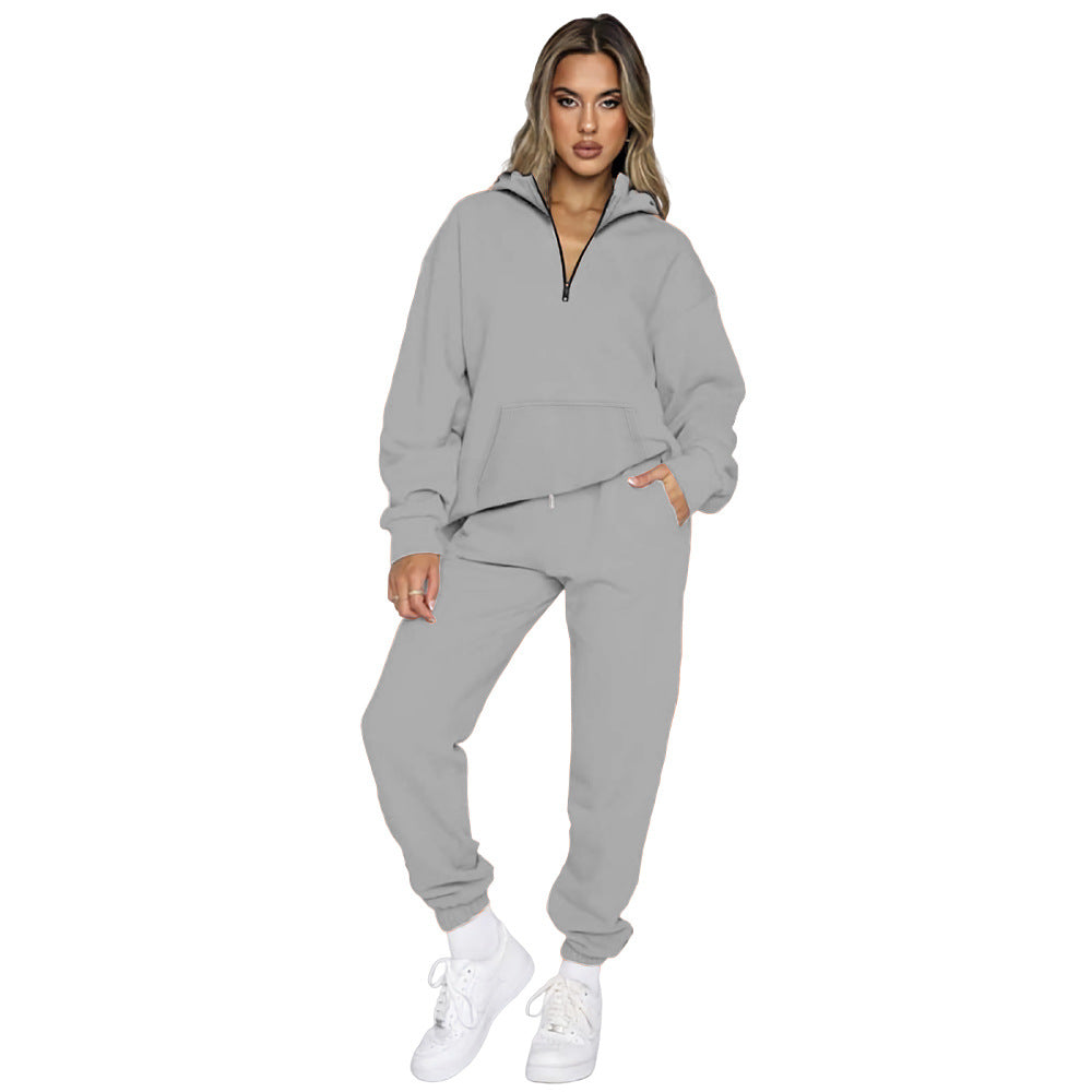 Damen gemütlicher Two-Piece Sweatsuit mit halbem Reißverschluss und praktischen Taschen Drune