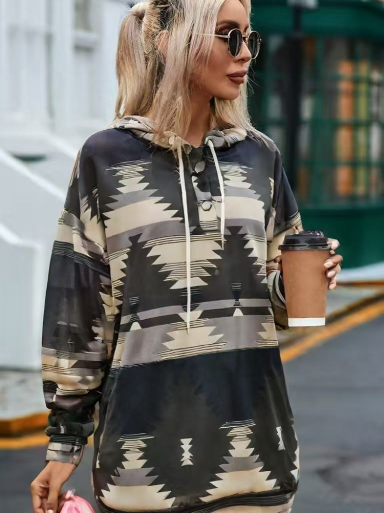 Damen Kapuzenpullover mit kreativem Farbmuster und praktischen Knöpfen Drune