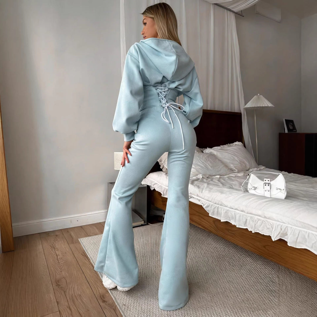 Damen sportliches Set aus cropped Kapuzenjacke und weiten Jogginghosen mit elastischem Bund Drune