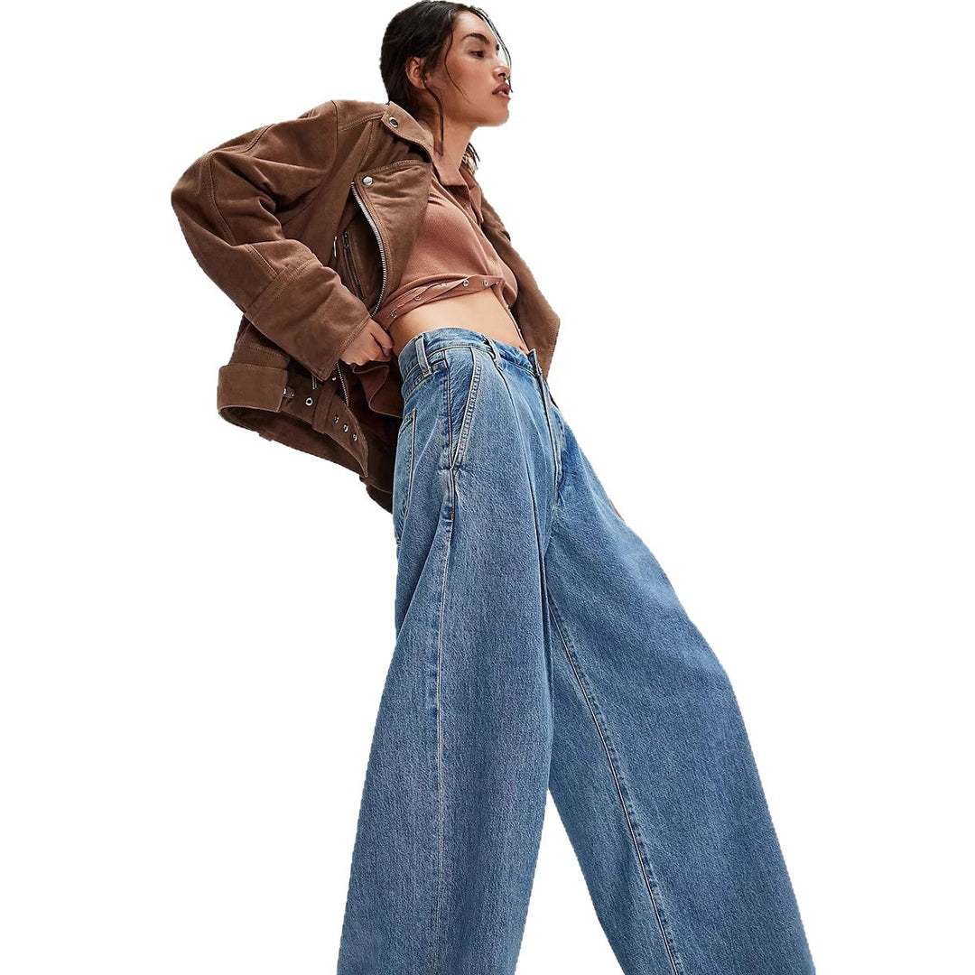 Damen nan hochgeschnittene Denim-Palazzohose mit markanten Bundfalten und extra weitem Bein Drune