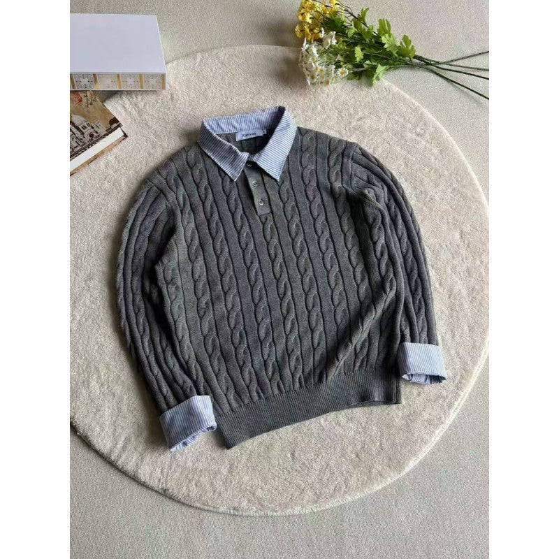 Damen nan gestrickter Polo-Pullover mit Zopfmuster und eingesetztem Hemdkragen Drune