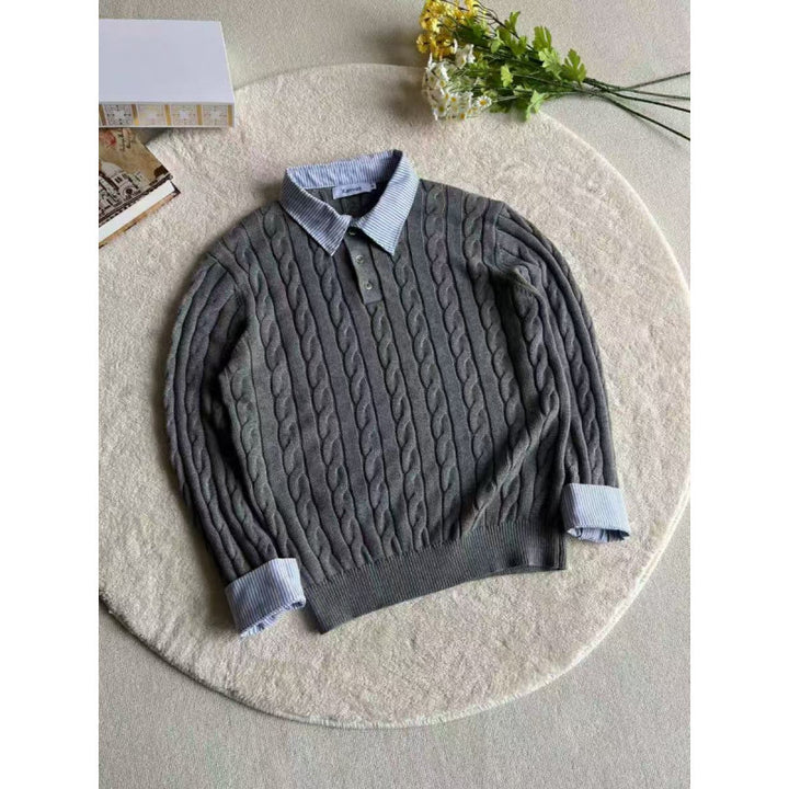 Damen nan gestrickter Polo-Pullover mit Zopfmuster und eingesetztem Hemdkragen Drune