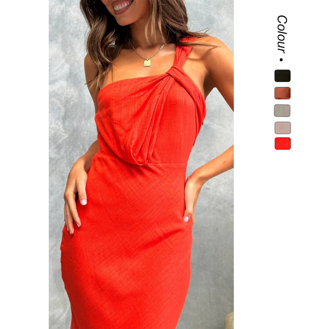 Damen Elegantes Langes Kleid mit asymmetrischem Träger und stilvollem Drapierungsdetail Drune