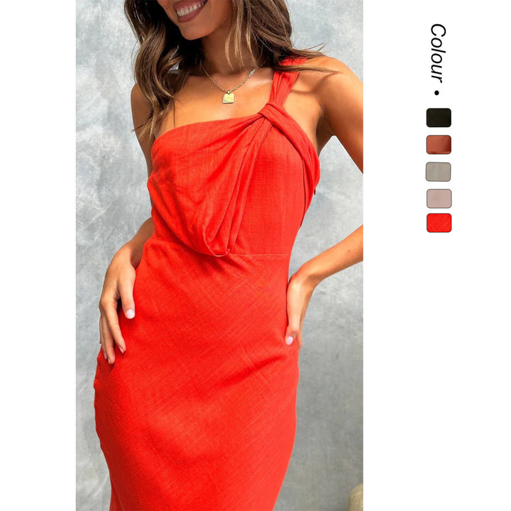 Damen Elegantes Langes Kleid mit asymmetrischem Träger und stilvollem Drapierungsdetail Drune