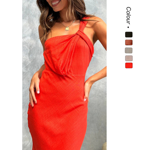 Damen Elegantes Langes Kleid mit asymmetrischem Träger und stilvollem Drapierungsdetail Drune