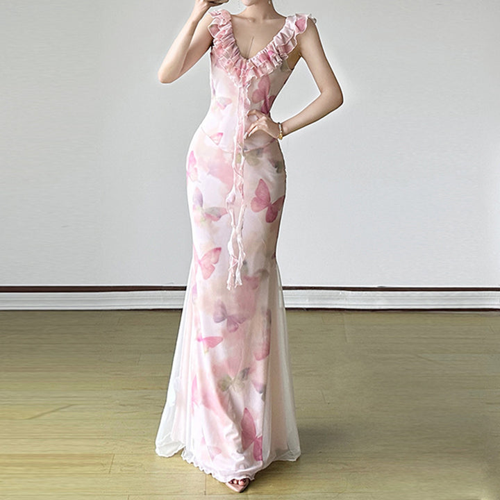 Damen Maxikleid aus transparentem Chiffon mit Rüschendetails und floralem Design Drune