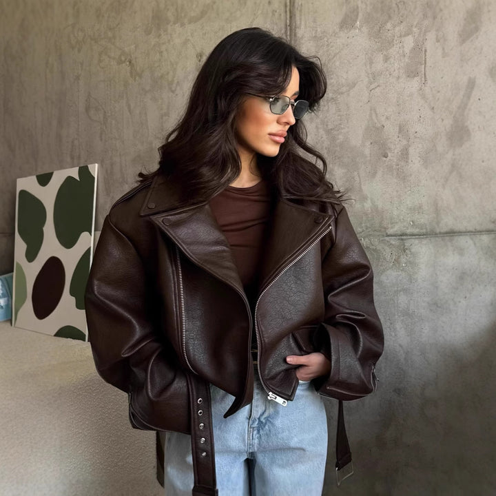 Damen elegante Kunstlederjacke mit Gürtel und übergroßen Ärmeln Drune