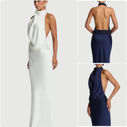 Damen elegantes Abendkleid mit tiefem Wasserfall-Ausschnitt und innovativer Drapierung Drune