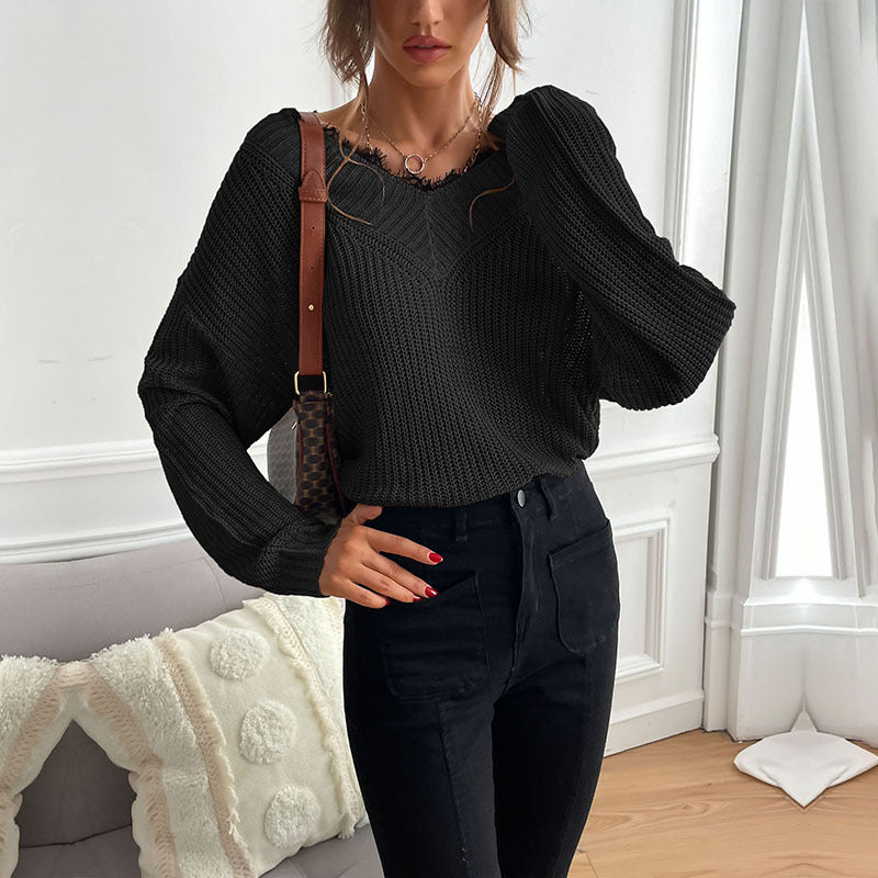 Damen lässiger Strickpullover mit modernem V-Ausschnitt und lockerer Passform Drune