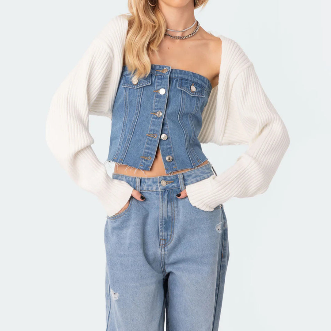 Damen Denim-Crop-Top mit gestricktem Überwurf Drune