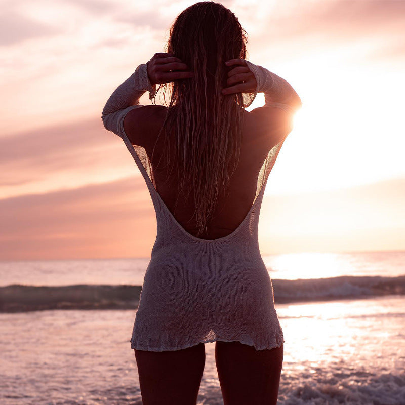 Damen luftiges Strick-Strandkleid mit transparentem Design und langen Ärmeln Drune