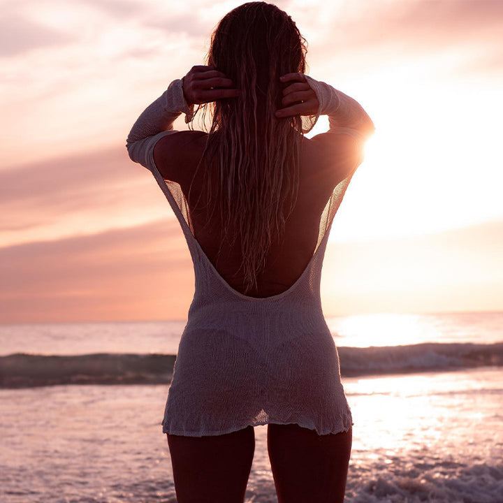 Damen luftiges Strick-Strandkleid mit transparentem Design und langen Ärmeln Drune