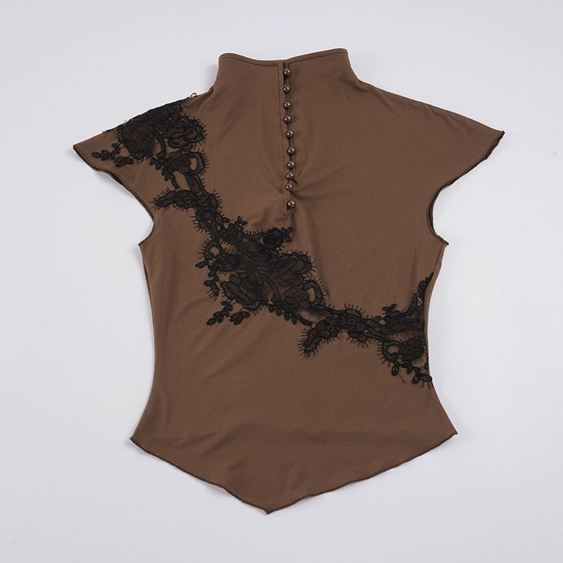 Damen Elegantes Spitzenoberteil mit modischem Kragen und raffinierten Knopfdetails Drune